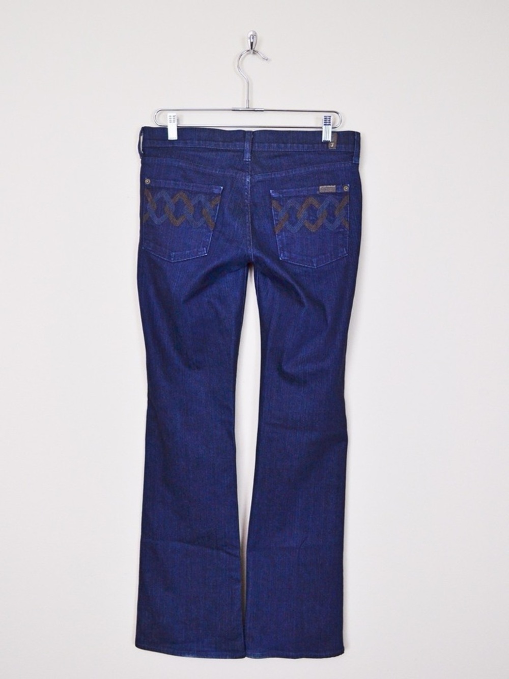 7 For All Mankind Dark Blue Flare Jeans with Embroidered Back Y2K Vintage Bootcu